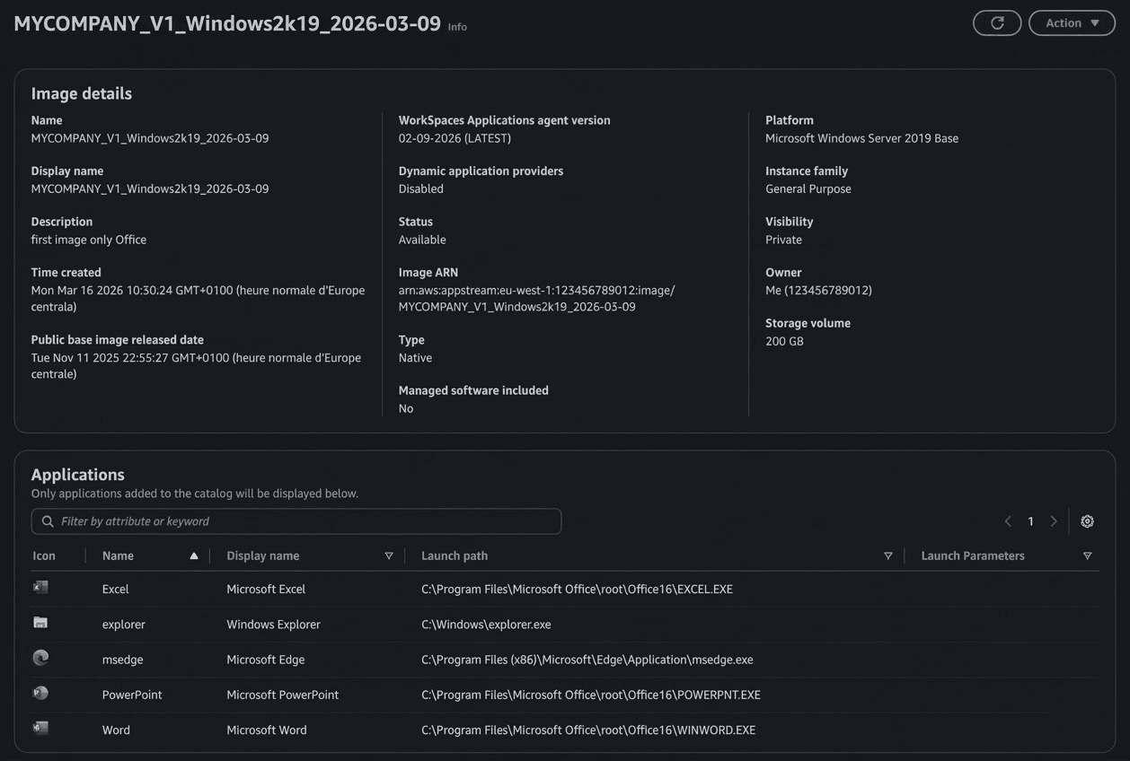 Published AppStream image showing registered applications in the catalog: Excel, Explorer, Edge, PowerPoint and Word
